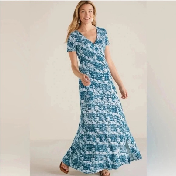 Soft Surroundings Joanna Faux Wrap Dress Womens 2x Abstract Maxi Surplice Neck - Picture 3 of 10